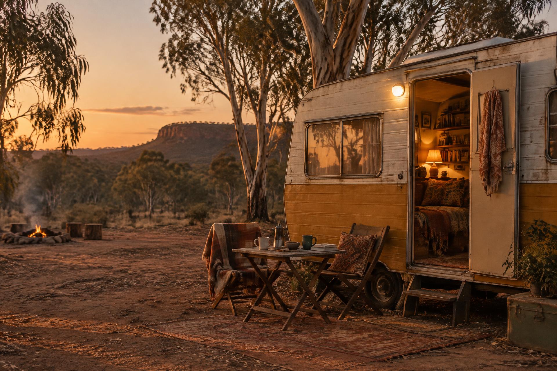A warmly lit vintage caravan in the Australian bush at sunset